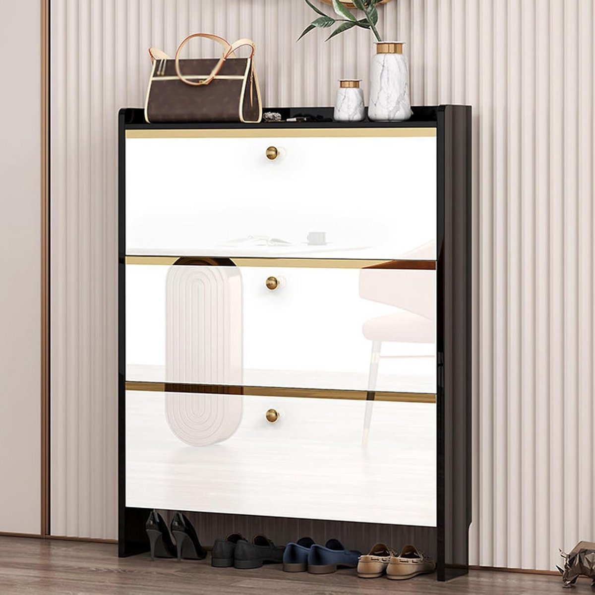 Houten Schoenenkast met 3 Klapladen en Verstelbare Plank voor Hal en Slaapkamer (9101057792656)