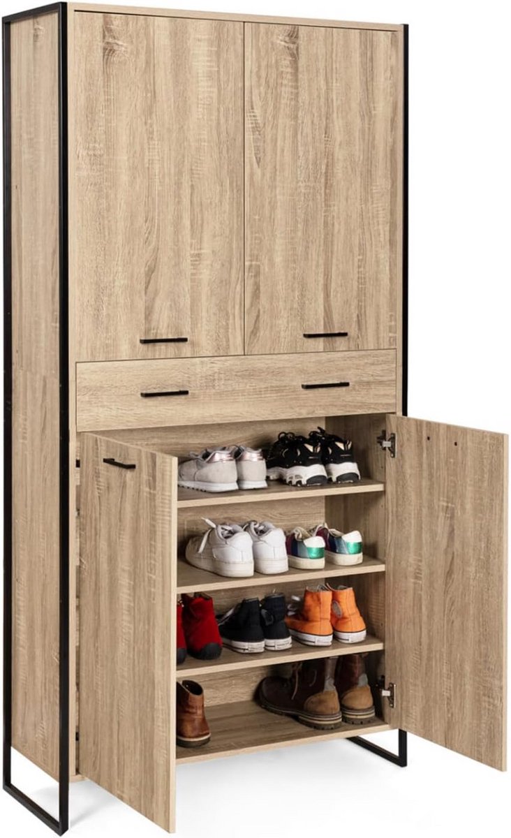 Industriële Schoenenkast voor 24 Paar - Hoge Kast met 4 Deuren en Lade (9101056911126)