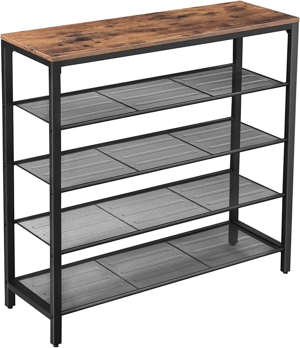 JerMore® - schoenenrek - schoenenkast - metalen frame - 4 niveaus - open opbergrek - zwart met houtlook - 100 x 30 x 92,5 cm (6153334828803)