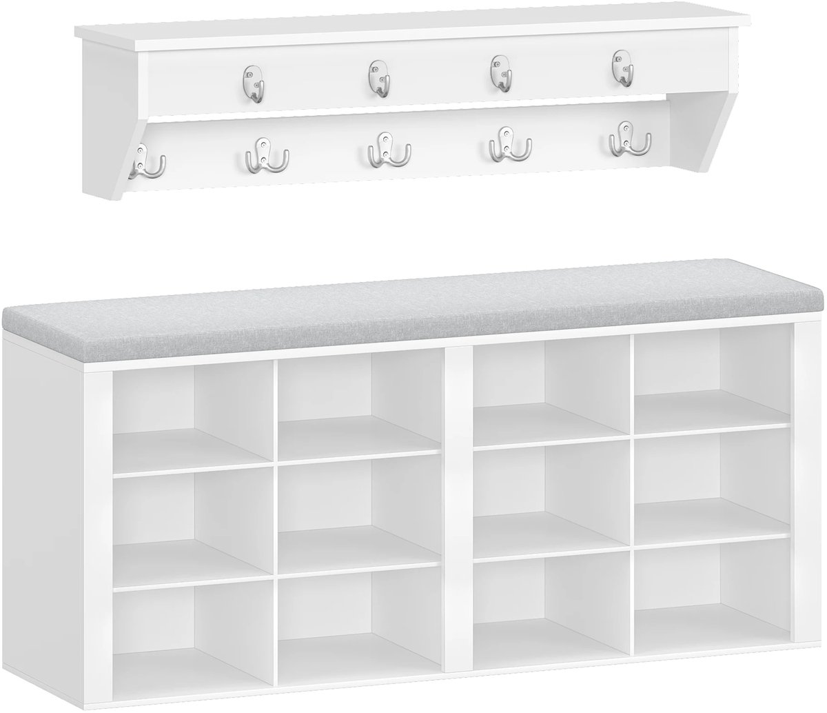 Jessi Store - Schoenenkast - Wandkapstok - Schoenenbank - Met zitkussen - Halmeubel - 12 vakken - 9 haken - 30 x 104 x 49 cm (8721472211573)