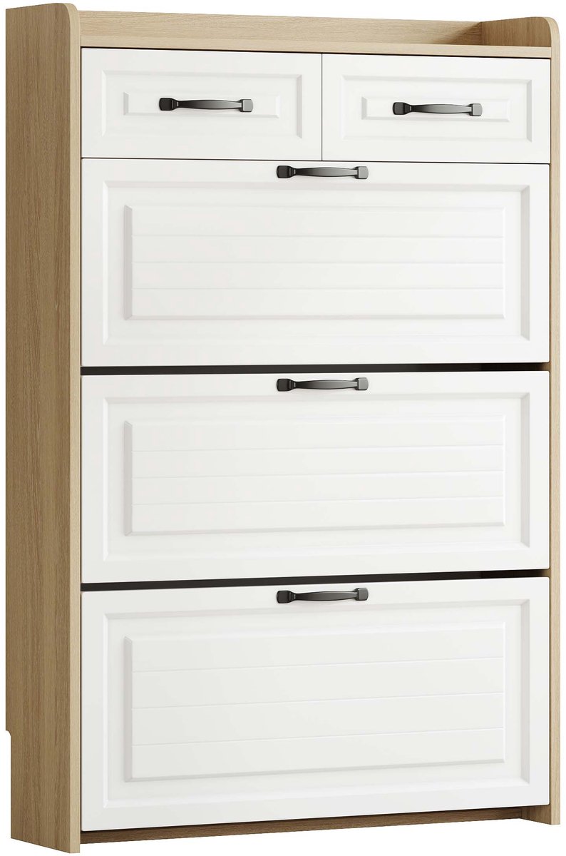 Kantelbare schoenenkast Houten opbergkast Met 3 grote draaibare opberglagen en 2 lades Modern minimalistisch en stijlvol ontwerp Verhoogde bovenrand anti-slip Kantelbeveiliging Geschikt voor hal en woonkamer 80×23,5×131 cm Wit+naturel (4255890942367)