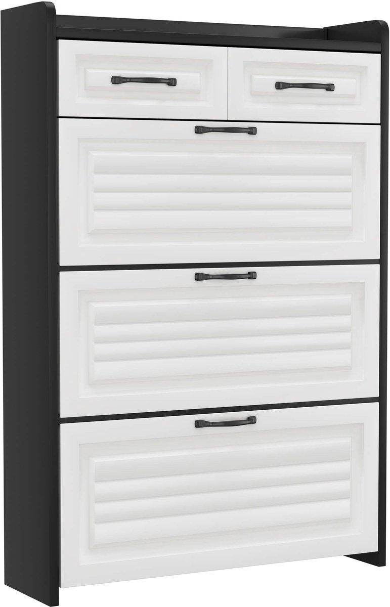 Kantelbare schoenenkast Houten opbergkast Met 3 grote draaibare opberglagen en 2 lades Modern minimalistisch en stijlvol ontwerp Verhoogde bovenrand anti-slip Kantelbeveiliging Geschikt voor hal en woonkamer 80×23,5×131 cm Wit+zwart (4255890942374)