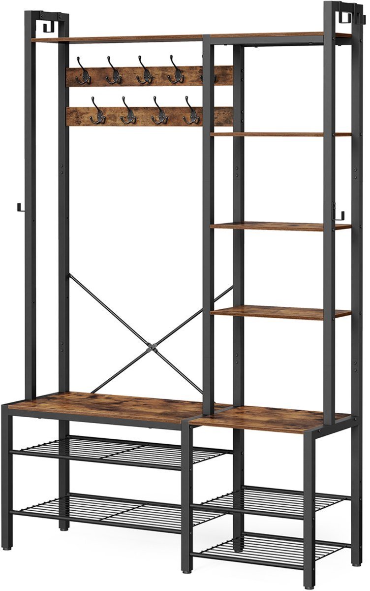 Kapstok Schoenenbank 40 x 120 x 190 cm Bruin Zwart Metaal Voor Entree Gang Slaapkamer Met 5 Opbergrekken 4 Gaas Schoenenrekken 9 Kleding Hoedhaken 6 Zijhaken Praktisch Multifunctioneel Stevig Duurzaam Frame (4255890938186)