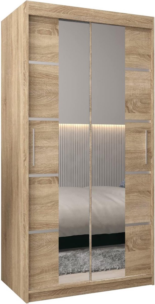 Kast met Schuifdeuren en Spiegel 100 cm Breed - Kledingkast met Legplank en Kledingroede (9101062635283)