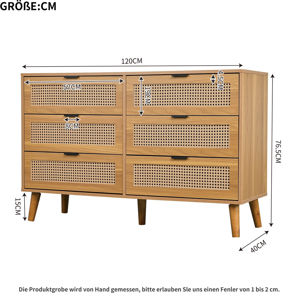 Ladekast met 6 lades, Sideboard ladenkast van hout, ladenkast met metalen handgrepen, voor slaapkamer, woonruimtes, kantoor, Sideboard Highboard met veel opbergruimte, Afmetingen: B120/H76,5/T40 cm (0781113496804)
