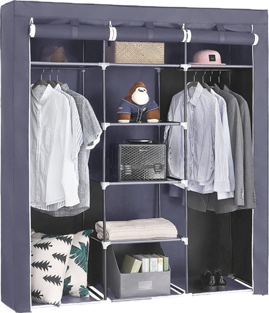 Life's Green® KM2G XXL opvouwbare kledingkast - stalen frame met 200KG draagkracht - Opbergkast - Campingkast - duurzaam design stoffen garderobekast - 9 opslag planken en 2 ophangstangen - ruimtebesparende kleerkast - grijs - 150x45x175CM (8720618241504)