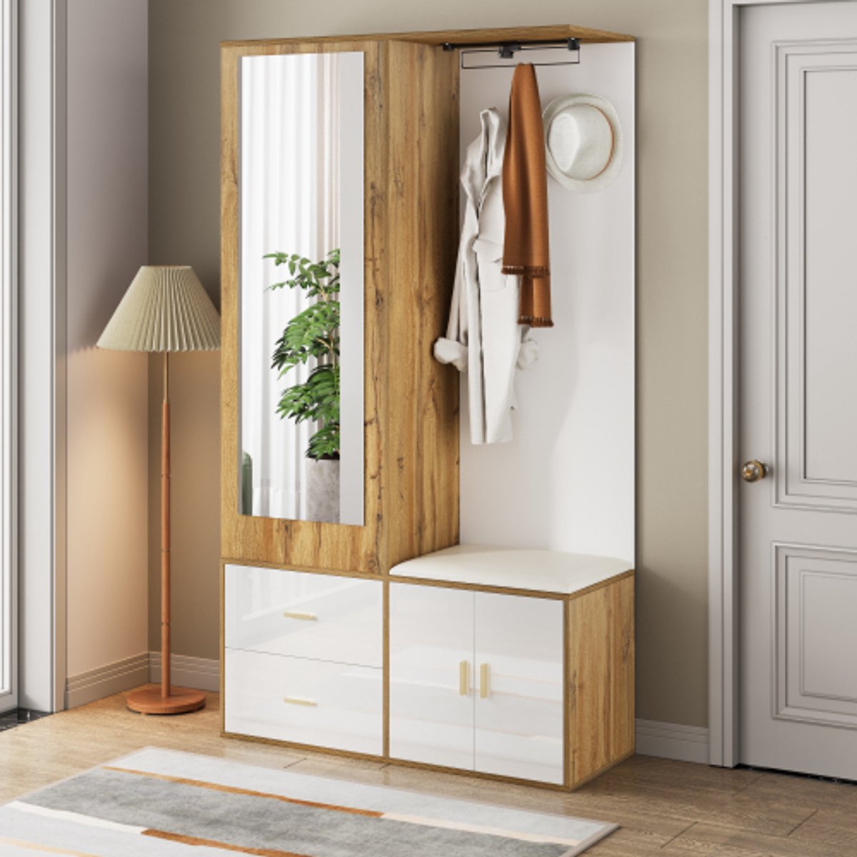 Luxe Garderobeset in Wit & Houtlook - Met Spiegel, Schoenenkast, Schoenenbank, Haken en Uittrekbare Kledingstang - Complete Halmeubelset met Veel Opbergruimte (4853222959610)