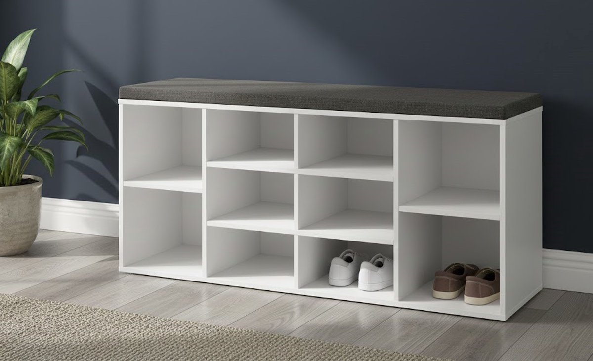 Luxe Schoenenbank met Opbergruimte en Zitvlak - 10 Vak Schoenenrek met Verstelbare Planken - Comfortabel Gevoerd Kussen - Halbank, Slaapkamerbank en Opbergmeubel - Wit-Grijs - 30 x 104 x 48 cm Depauwwonen (9508741756466)