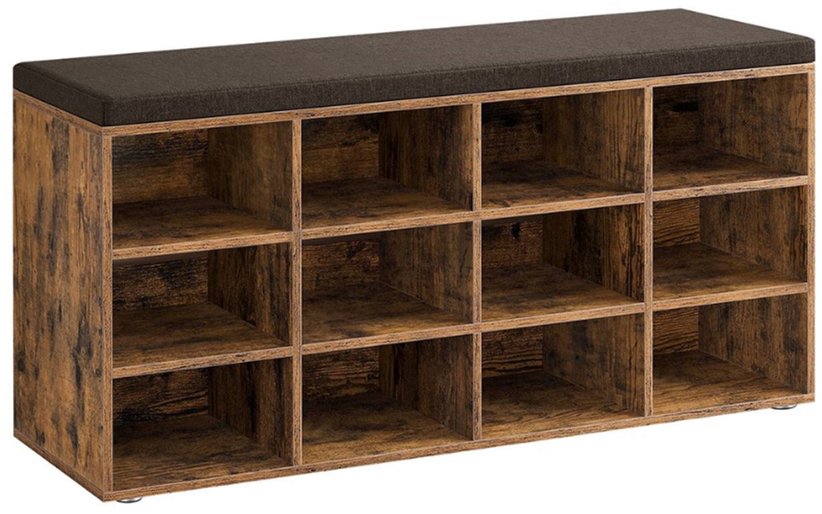 MAZAZU Schoenenbank - Industriele Halbank 104 cm - 12 Vakken - Met Kussen & Opbergruimte - Verstelbare Planken - Bruin (8720909816046)