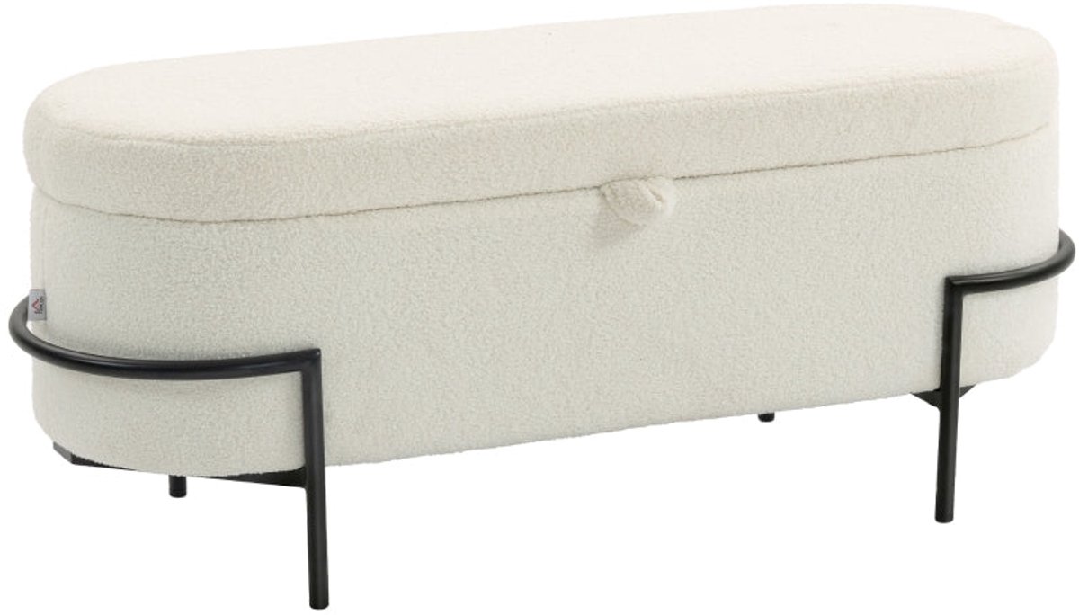 Merax Design Opbergbank met Deksel - Fleece Stoffen Zithocker met Opbergruimte - Stalen Onderstel - Ovaal Bankje voor Woonkamer en Slaapkamer - Creme Wit - 220 kg (8721178478843)
