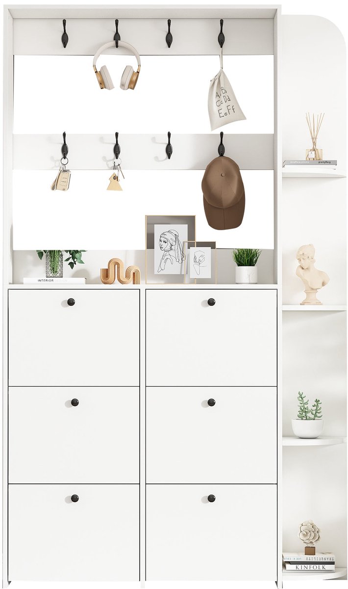 Merax Kapstok Met Schoenenkast - 3 In 1 Halmeubel - 8 Haken - Klapdeuren Schoenenopberger - 5 Opbergplanken - Wit - 120 X 24 X 200 Cm (8721178483298)