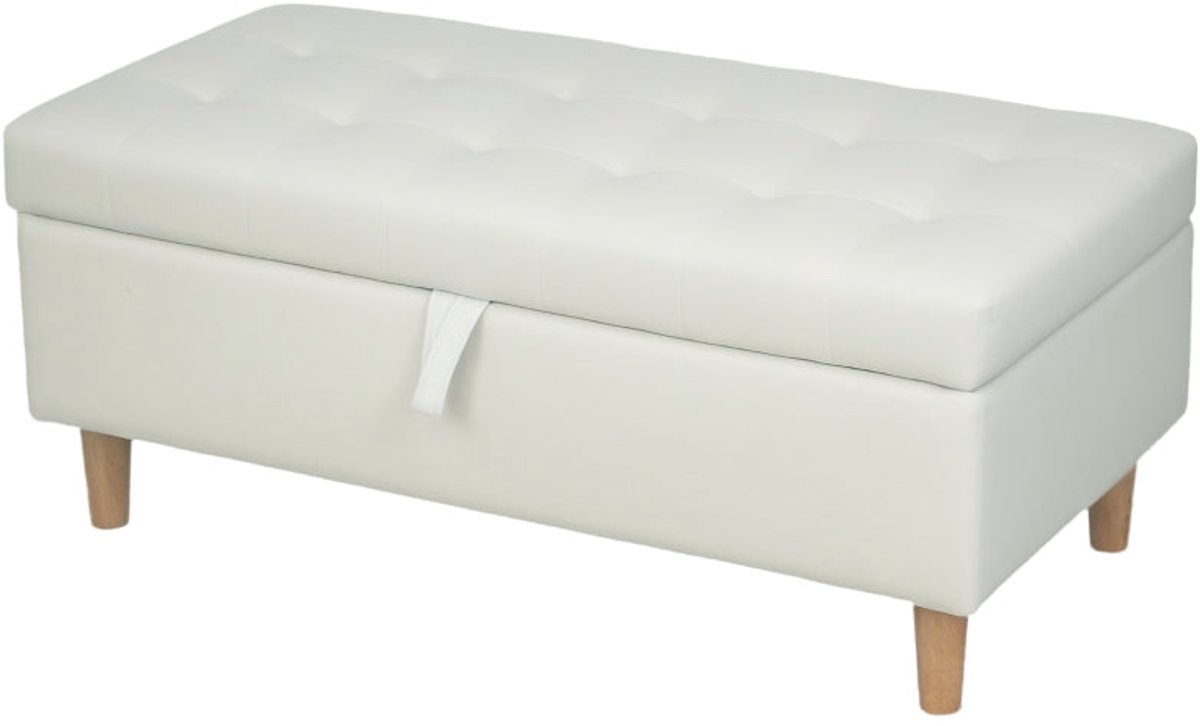 Merax Luxe Opbergbank met Deksel - Fluwelen Stoffen Zithocker met Opbergruimte - Massief Houten Poten - Voetenbank of Woonkamerbankje - Creme Wit - 240 kg (8721178478850)
