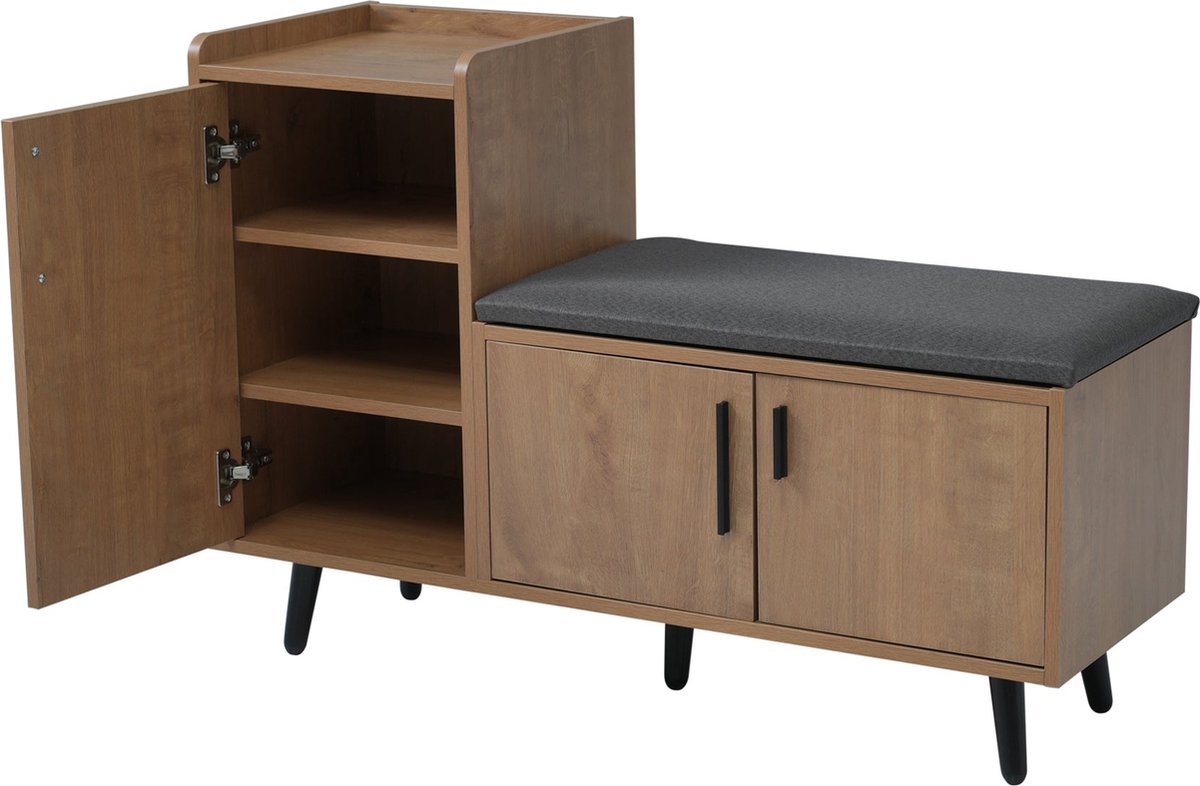 Merax Moderne Schuhbank Schuhtruhe Sitzbank mit drei Stauraumtüren, Mit asymmetrischen Metallgriffen und mehreren Ebenen zur Aufbewahrung - Maße: B100/T34/H69 cm (8721178448433)