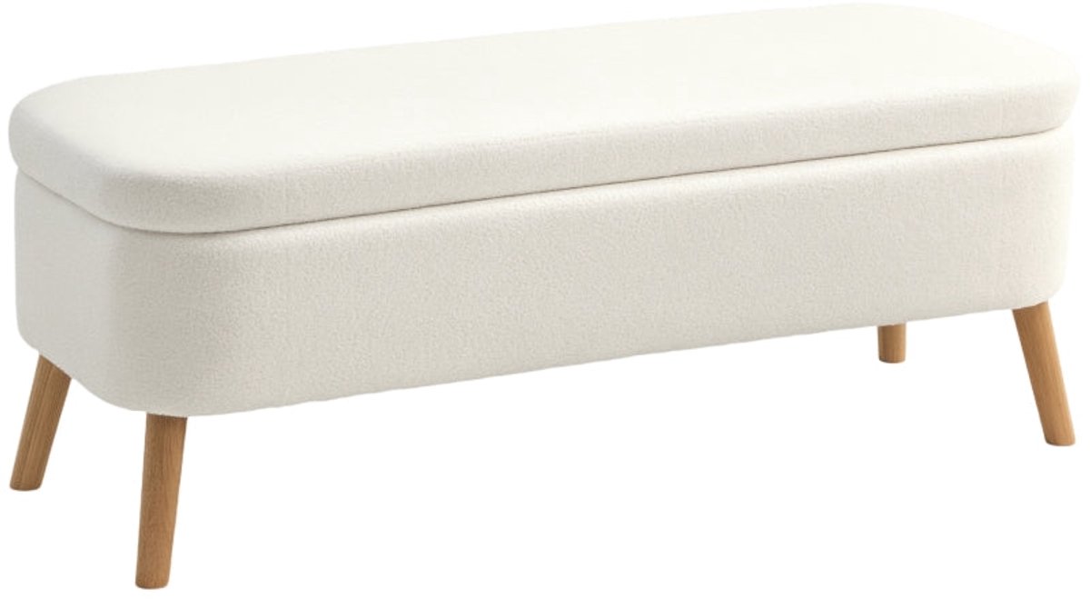Merax Opbergbank met 65 L Opbergruimte - Comfortabele Fleece Zithocker met Schuimvulling - Houten Poten - Voetenbank en Bankje voor Woonkamer of Slaapkamer - Creme Wit - 220 kg (8721178478805)