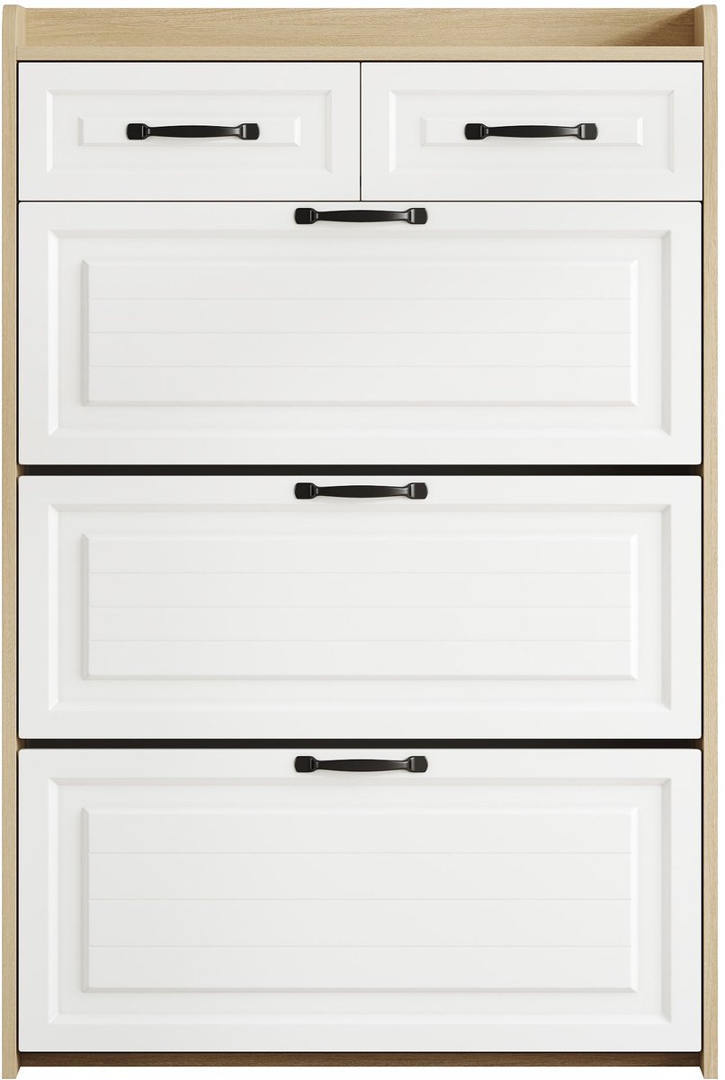 Merax Schoenenkast 80x23.5x131 cm - Houten Schoenenkast met 3 Draaibare Klepvakken en 2 Laden - Smalle Schoenenkast voor Hal en Woonkamer - Moderne Opbergkast met Antikantel Systeem (8721178481072)