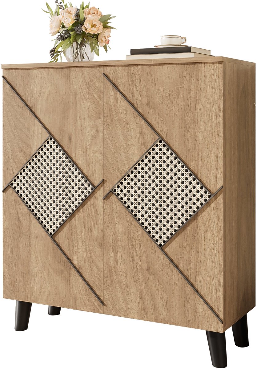 Merax Schoenenkast 80x32x91 cm - Houten Schoenenkast met 3 Deuren - Moderne Opbergkast met Rattandetail - Compact Halmeubel met Meerdere Legplanken (8721178481003)