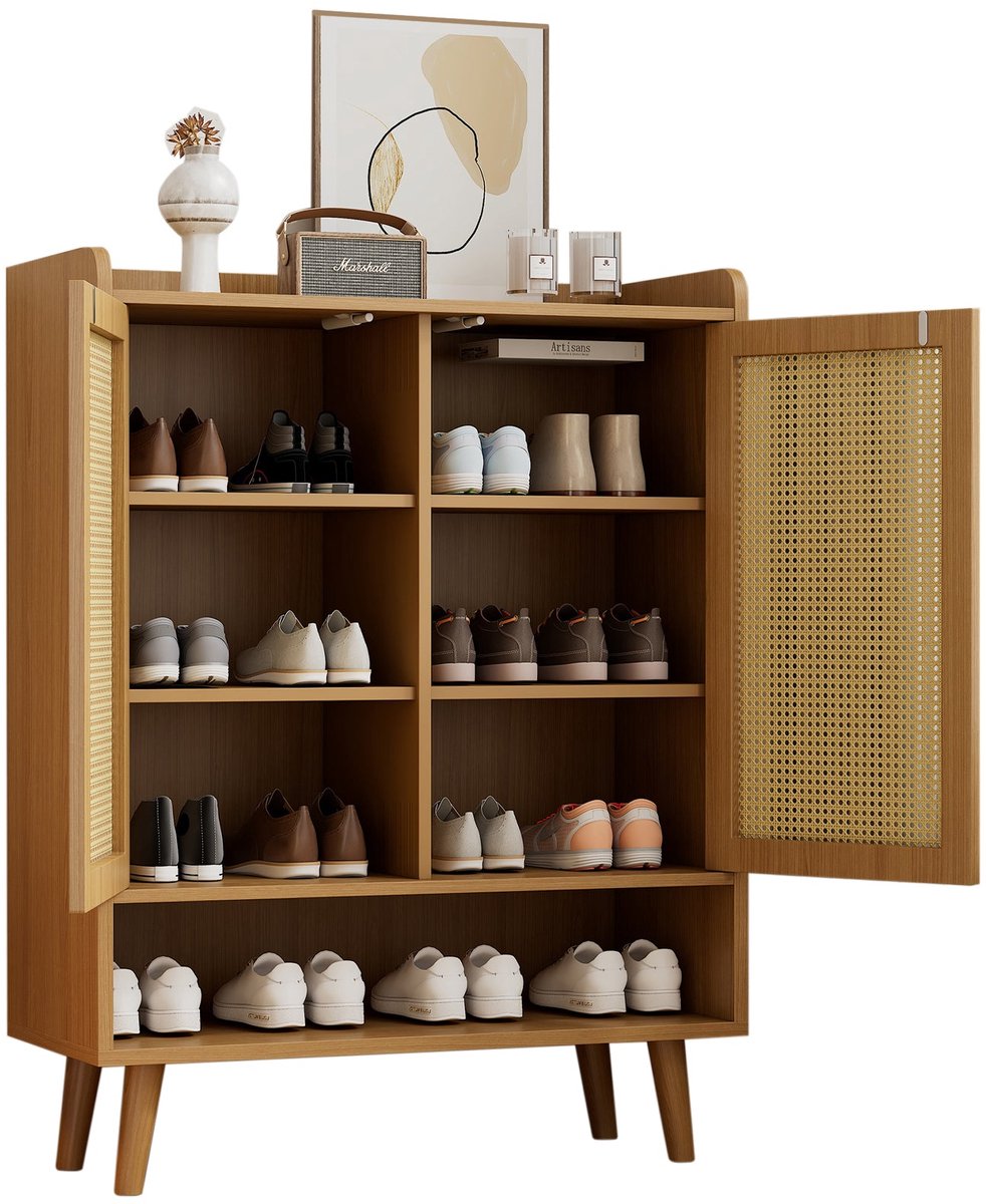 Merax Schoenenkast 80x35x105 cm - Rattan Deuren met Push-to-Open Systeem - 5 Opbergplanken - Massief Houten Poten - Licht Eiken Bruin Halmeubel (2180841748168)