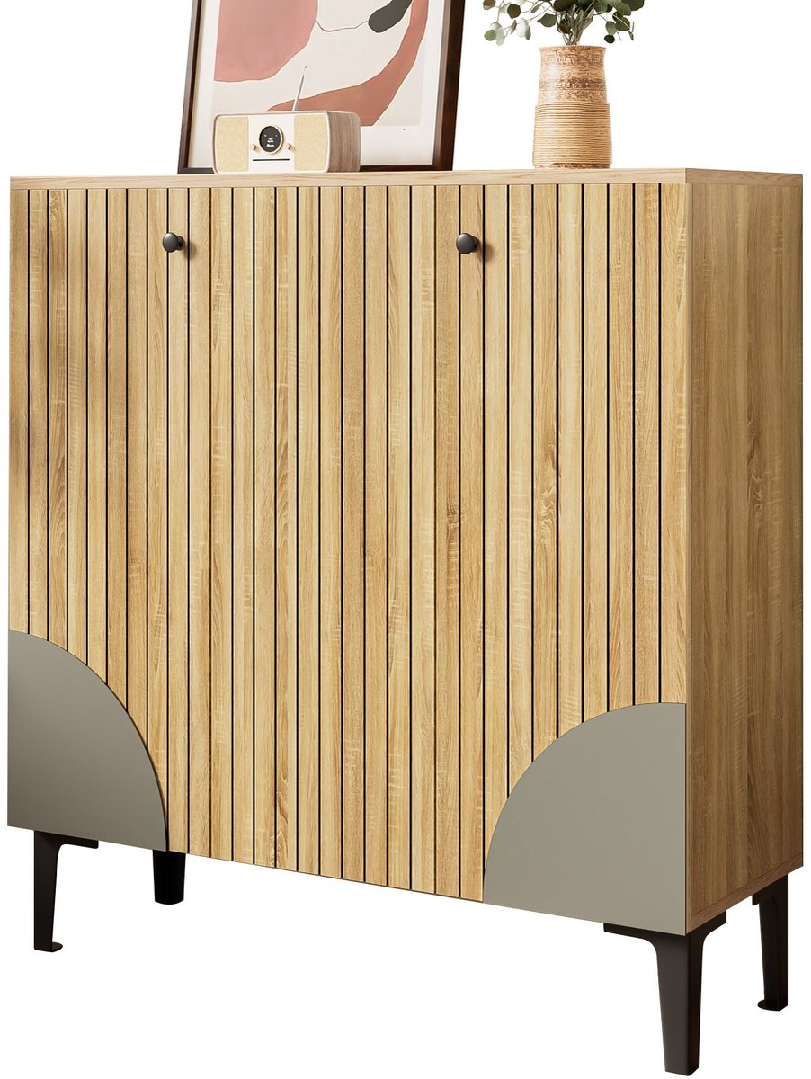 Merax Schoenenkast 90x32x94 cm - Houten Schoenenkast met 3 Deuren - Moderne Opbergkast met Legplanken - Compact Halmeubel met Zwarte Poten en Decoratief Design (8721178480990)