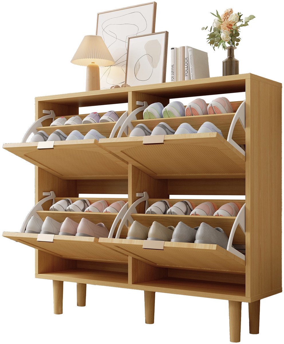 Merax Schoenenkast Rattan 4 Kleppen Licht Eiken met Houten Poten Landelijke Stijl 100x25x90 cm Smal Schoenenmeubel voor Hal of Slaapkamer (8721178468028)