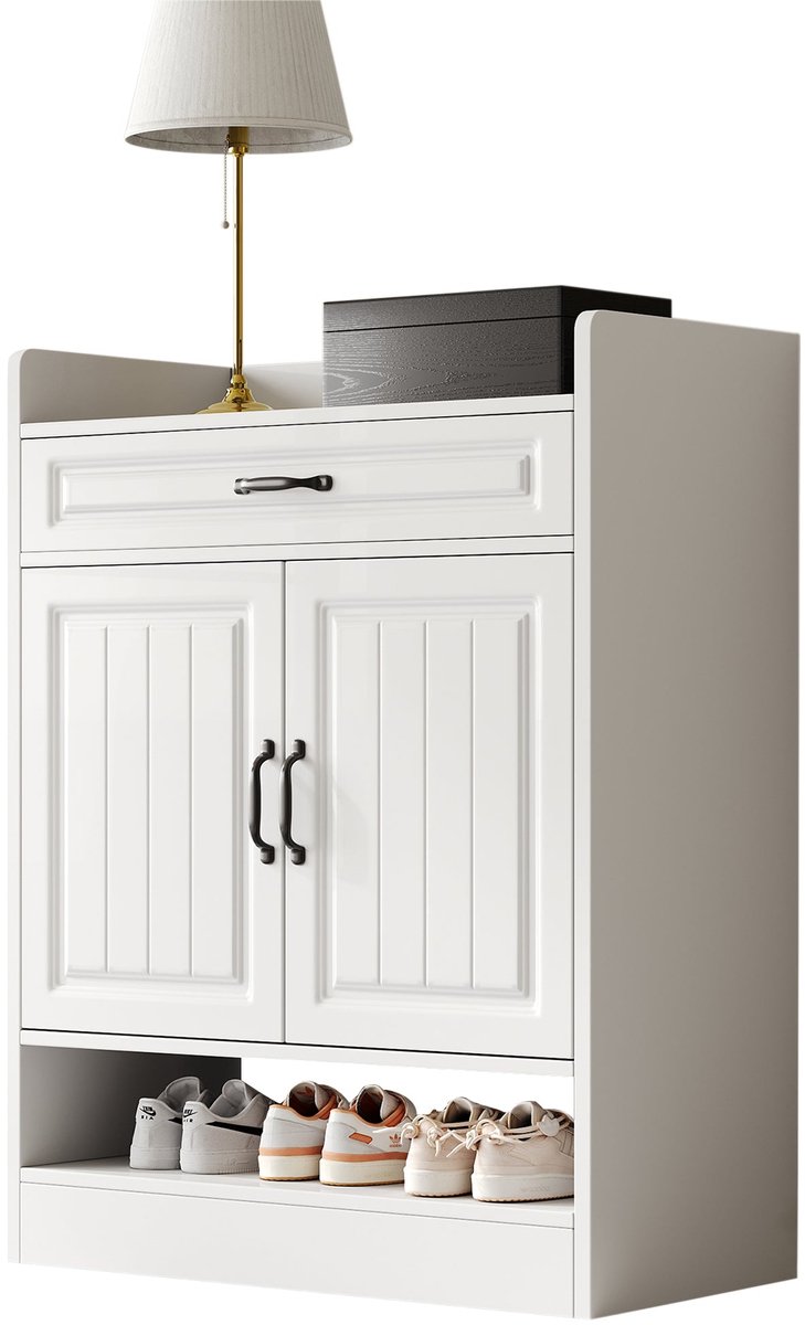 Merax Schoenenkast Wit - 75x36x95.5 cm - Schoenenkast met Verstelbare Planken - 2 Deuren & Lade - Moderne Opbergkast voor Hal en Woonkamer (8721178481188)
