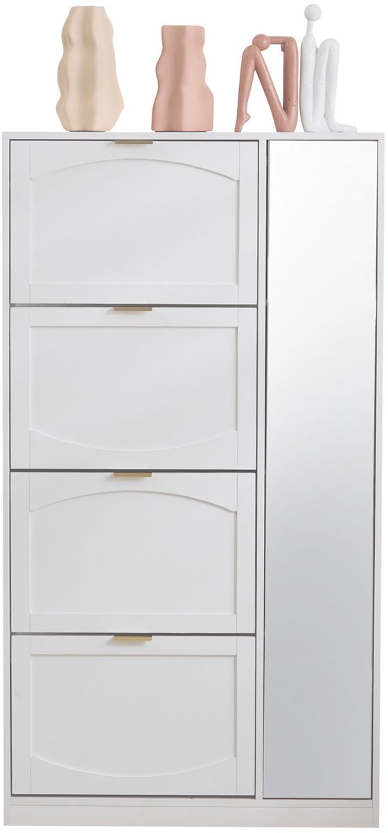Merax Schoenenkast met Spiegel - Smalle Halkast met 4 Klapvakken en Verstelbare Planken - Witte Schoenenopberger 80×24×147 cm (8721178483328)