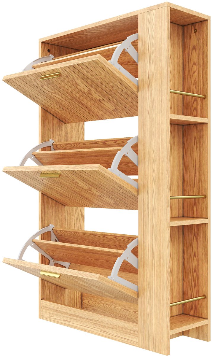 Merax Smalle Houten Schoenenkast - 3 Kleppen - Open Zijvakken - Schoenenopberger Voor Hal En Gang - Natuurlijk Hout Bruin - 70x23 5x115 cm (8721178483366)