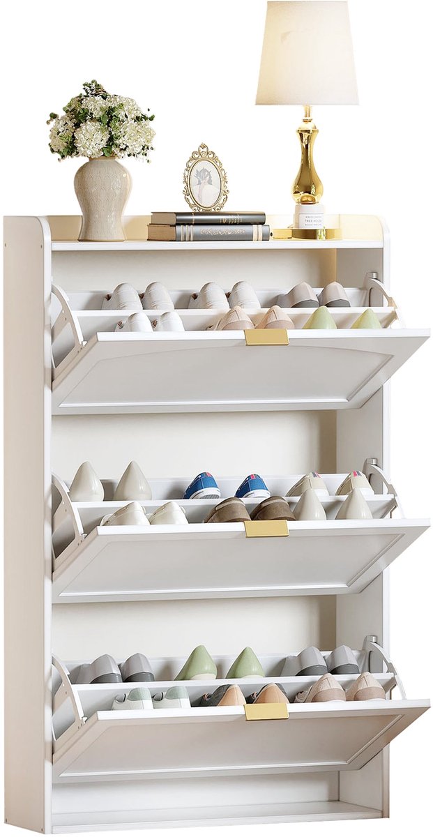 Merax Smalle Schoenenkast Met 3 Klapdeuren - Schoenenrek En Schoenenkast Voor Hal En Gang - Anti Kantelvoorziening - Wit - 76 X 23 X 118 Cm (8721178483311)