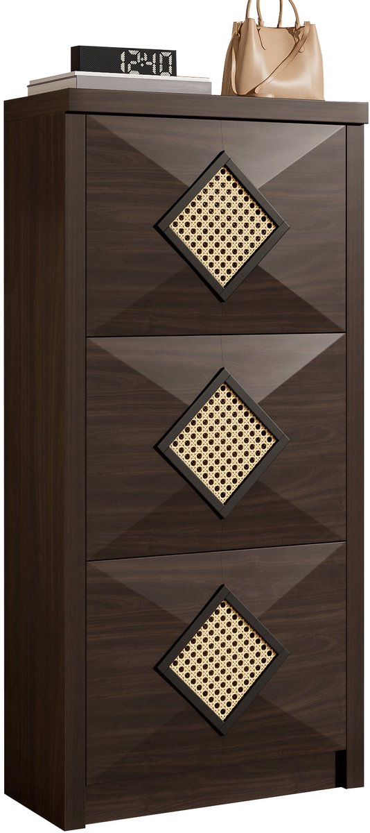 Merax Vintage Schuhschrank met Rattan decor - Retro Schoenenkast met 3 Klapvakken - Smalle Schoenenkast 54x25x115 cm - Donkerbruine Houten Schoenenkast voor Hal en Gang (8721178481027)