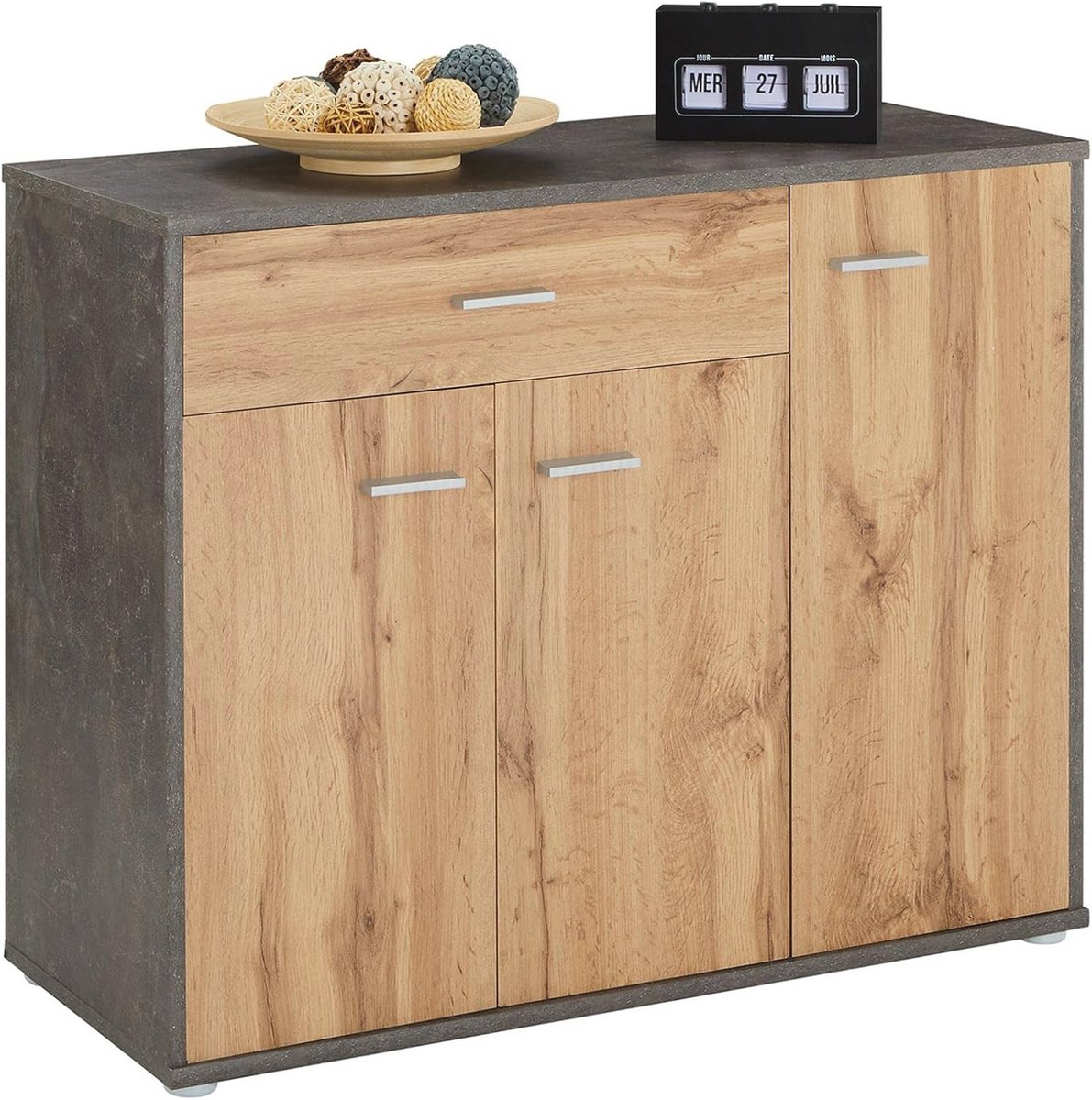Moderne Schoenenkast met 1 Lade en 3 Deuren - Donker Beton/Wotan Eiken (9101065270337)