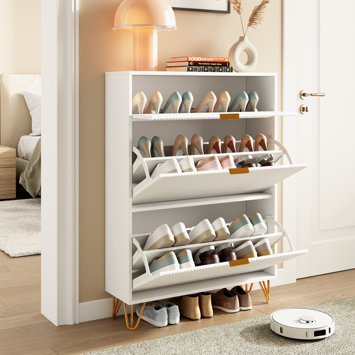 Moderne Schoenenkast met 2 Kleppen - 80x118.5x24cm Wit Schoenenrek met Gouden Poten, Grote Opslagcapaciteit en Stijlvol Design voor Hal of Slaapkamer (4853222962214)