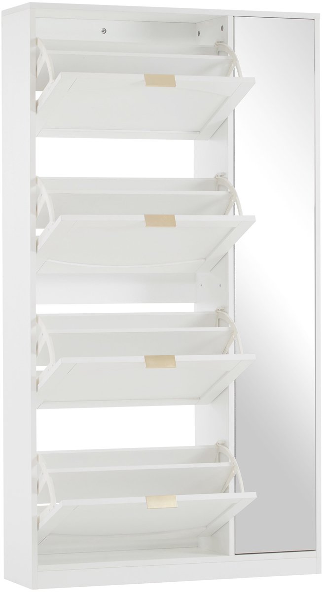 Moderne Schoenenkast met Spiegel - 4 Opbergvakken - Verstelbare Plank - Kantelbeveiligd - Wit - B80 H147 D24 cm (8684463989021)
