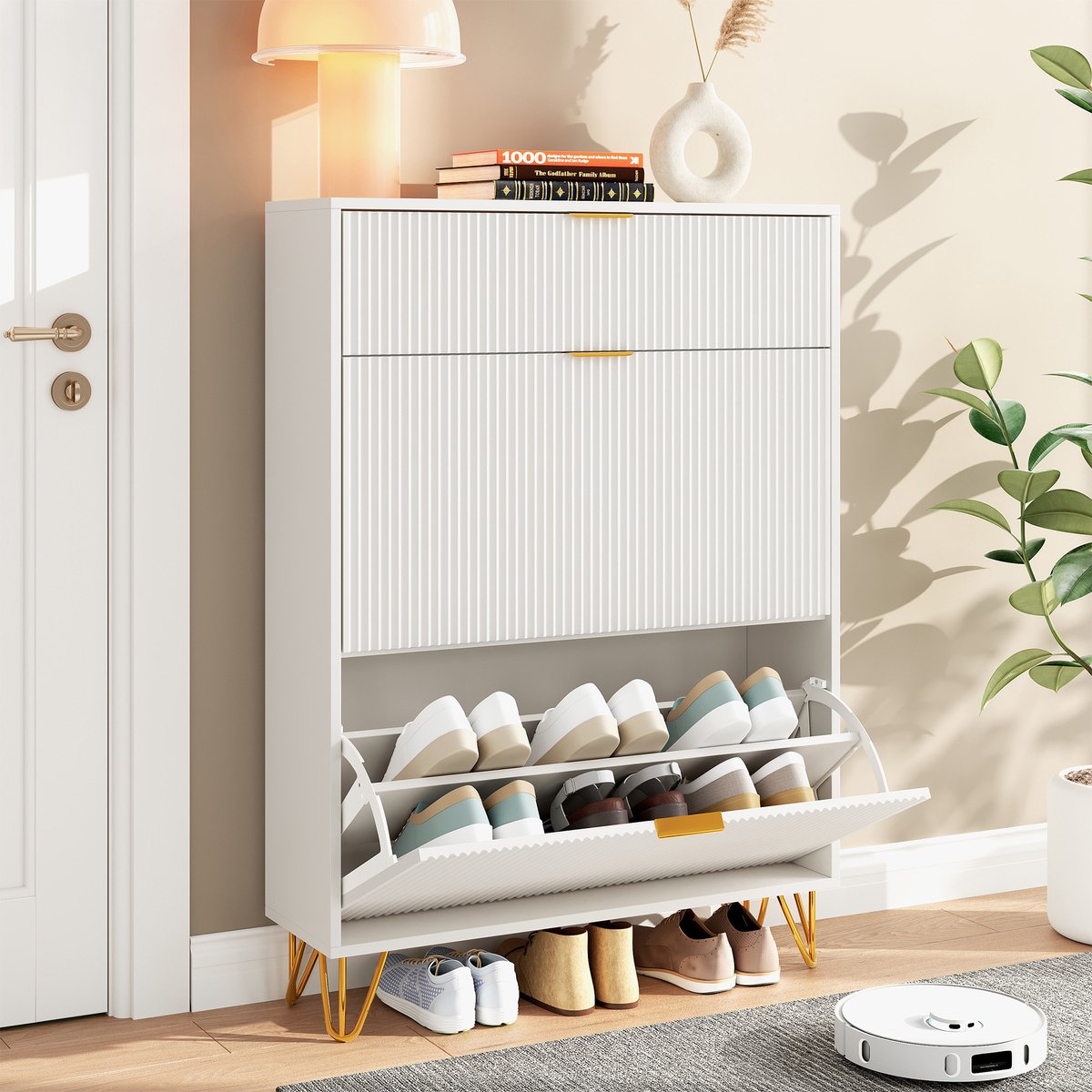 Moderne Wit houten schoenenkast voor de entree - schoenenkast met 3 kleppen - schoenenrek voor de entree - schoenenkast - schoenenopbergkast (4803387690811)