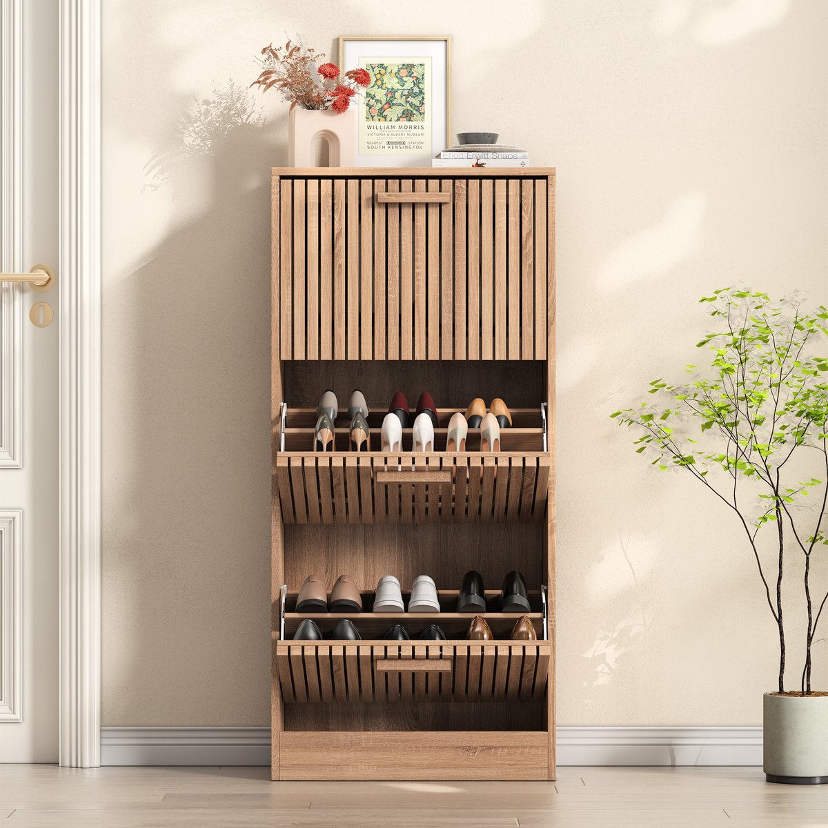 Moderne houten schoenenkast,Schoenenkast Smal Schoenenkast 3 Klapdeuren Grote Plankbreedte 60 x 24 x 113 cm Houtkleur Look Schoenenkast voor gangen en smalle entrees - Houten Kleur (3091182703305)