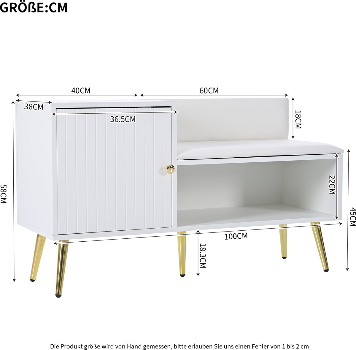 Moderne luxe schoenenkist in wit met opbergruimte, gepolsterde zitbank en rugleuning - Schapenrek met metalen handgrepen en metalen poten - Perfect voor de entree - Afmetingen: B100 x T40 x H58 cm (0781113496828)