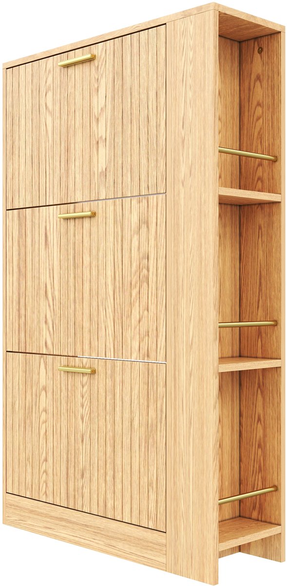 Moderne, minimalistische houten schoenenkast met drie deuren, grote opbergruimte, open planken, stijlvol en praktisch, geschikt voor plaatsing in de entree/hal. (4853678479489)