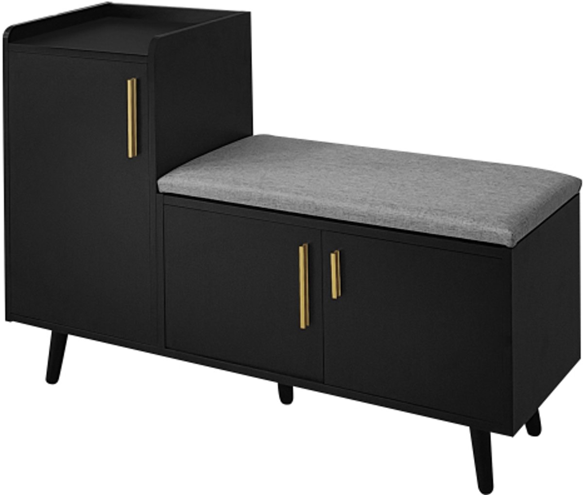 Moderne schoenenbank Schoenenkast met drie opbergdeuren - zitbank met asymmetrische metalen handgrepen en meerdere niveaus voor opslag (4255890904471)