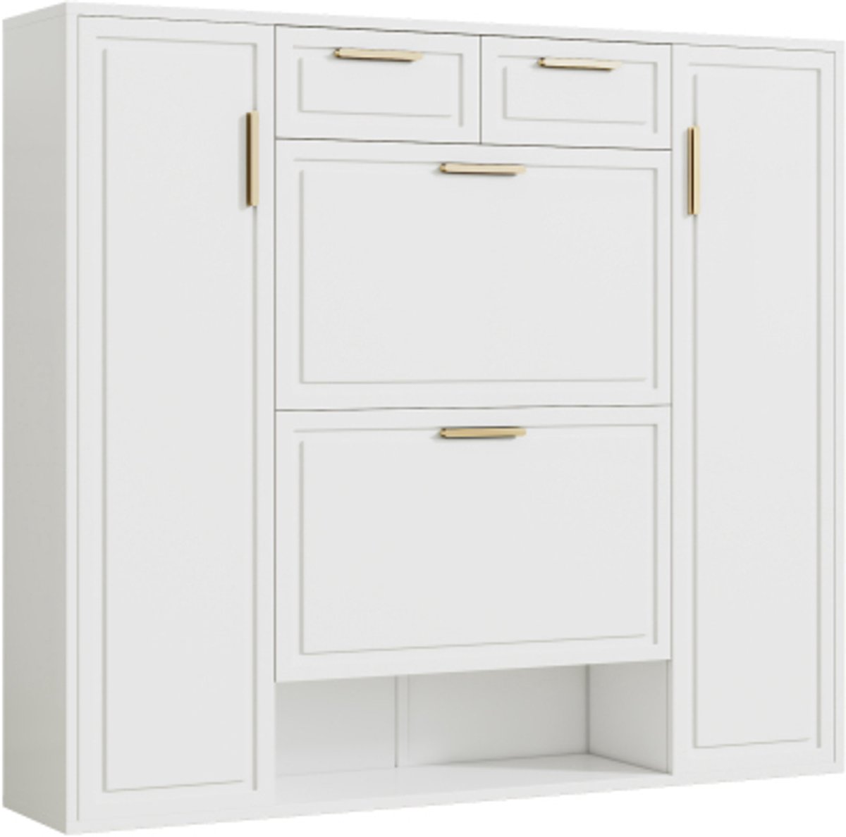 Moderne schoenenkast met verstelbare planken, gouden handgrepen, 2 lades, opvouwbare schoenenkast en 2 deuren, wit, B120/D24/H107 CM (4255839466039)