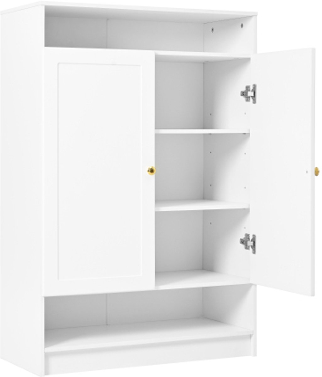 Moderne schoenenkast met verstelbare planken, gouden handgrepen, schoenenkast met 2 deuren, wit, B73/D34/H109 (0797465309600)