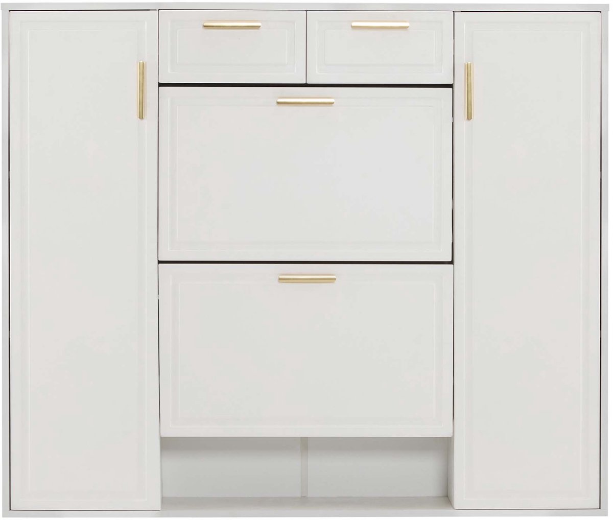 Moderne schoenenkast multifunctionele opbergkast 120×24×107 cm wit met verstelbare planken, 2 lades, 2 uittrekbare schoenenladen en 2 deuren, stevige houten constructie, strak en modern design, geschikt voor hal en woonkamer (4255890951574)