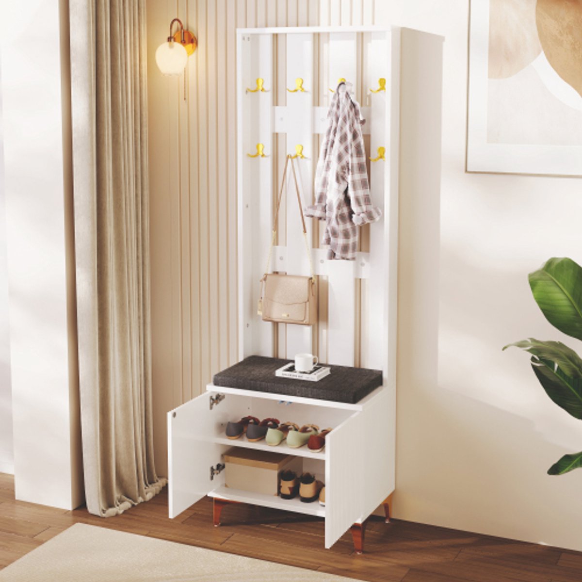 Moderne witte garderobeset met schoenenbank en kussen - Garderobe met haken voor jassen en accessoires, 60,5×35,2×180,5 cm (4853222959221)