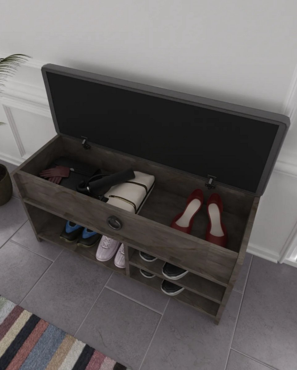 Moka Park - Schoenenbank met zitje - Bank Met Zitkussen - Schoenenrek met opbergruimte - Hout - 90 x 35 x 50 cm (LxBxH) - Grijs (8720964503455)