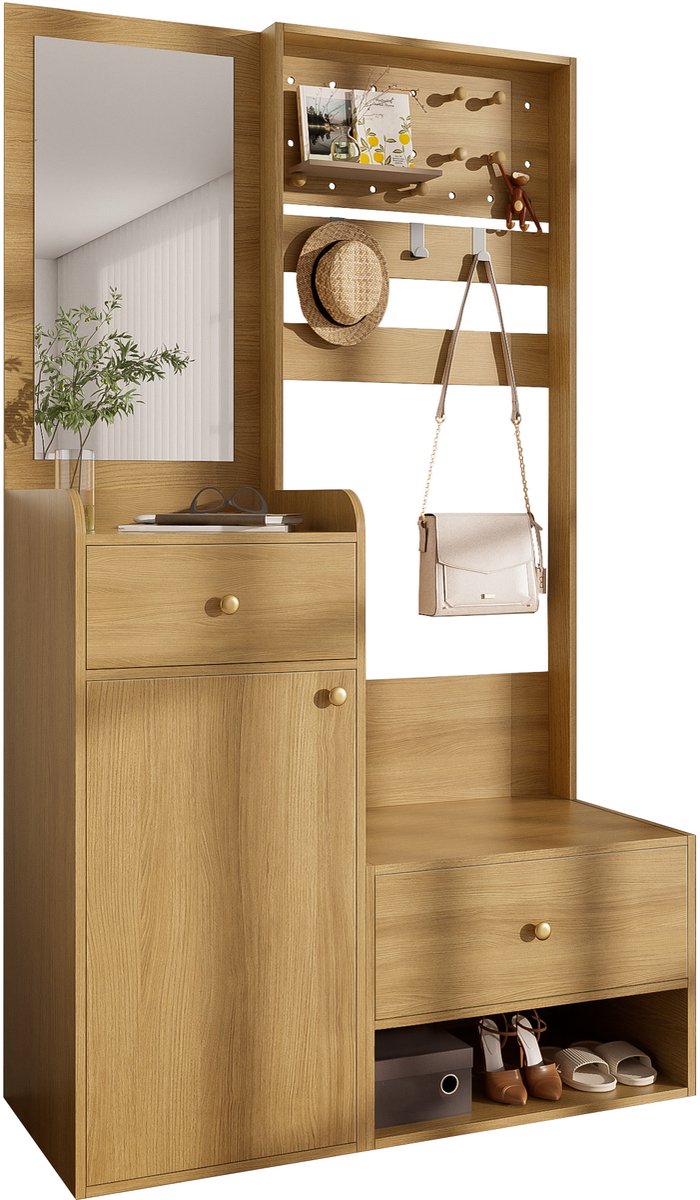 Multifunctionele Inkomhal Opbergkast - 1 Set - Opbergrek voor de hal -Schoenenrek Houtkleur - Met Verstelbare Haken En Ruime Planken (6451370192408)