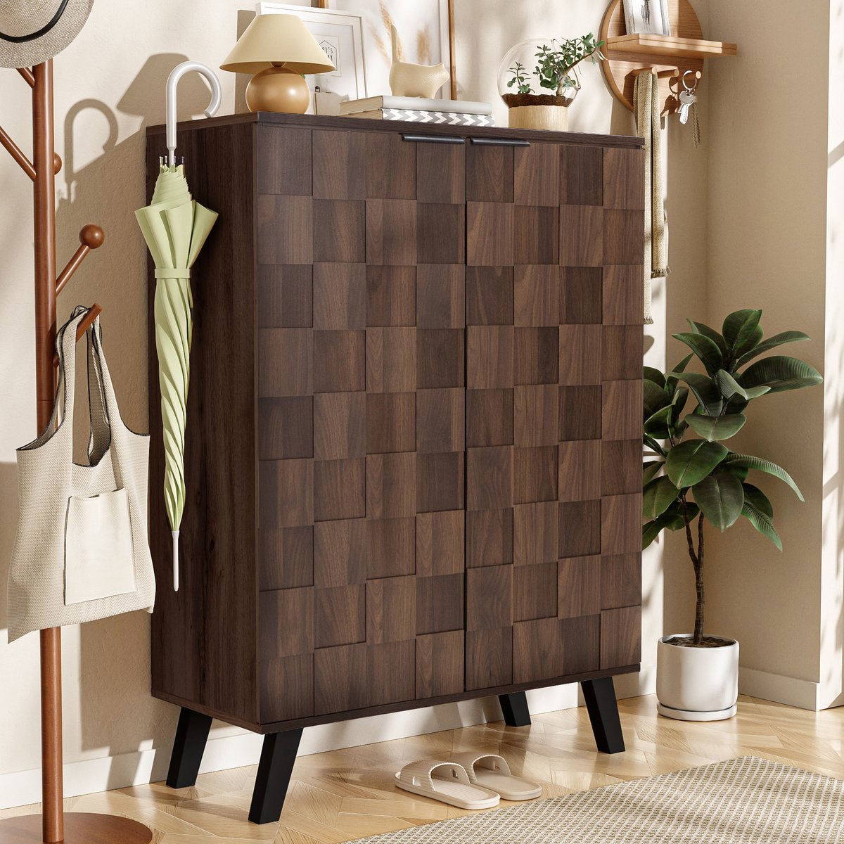 OKWISH Dressoir - Schoenenkast - 80x35,5x110 cm - 5 Vakken met 4 Verstelbare Legplanken - Geometrische Deuren - Spaanplaat Donkerbruin (4070861605368)