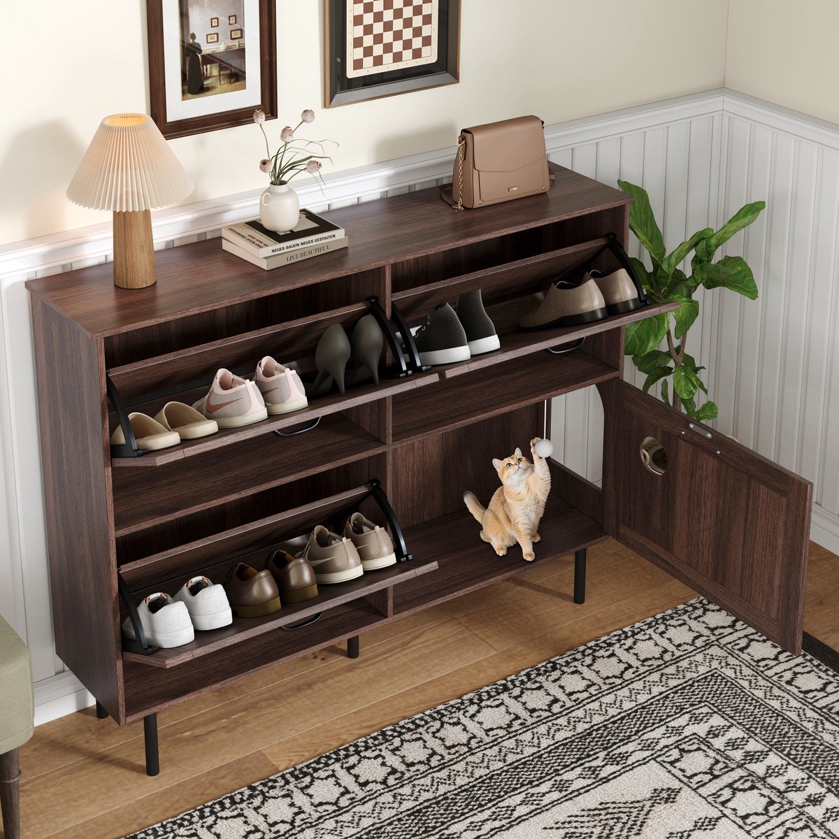 OKWISH Schoenenkast - 120×28×92 cm - 4 Deuren (3 Met Klapplanken) - Geïntegreerd Kattenspeelgoed - Spaanplaat Notenbruin - Ventilatie Achterwand (4070861550651)