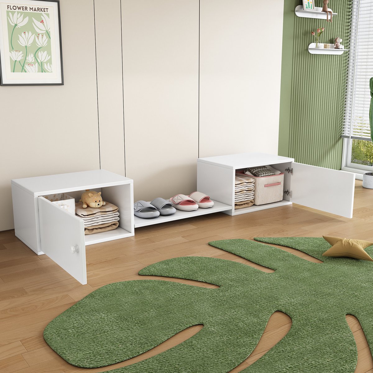 OKWISH Schoenenkast 189x40x34,5 cm - Dubbeldeur Schoenenbank Met Open Vak En Groot Opbergvak - Vurenhout+MDF Frame Voor Hal - Wit (4070861426918)