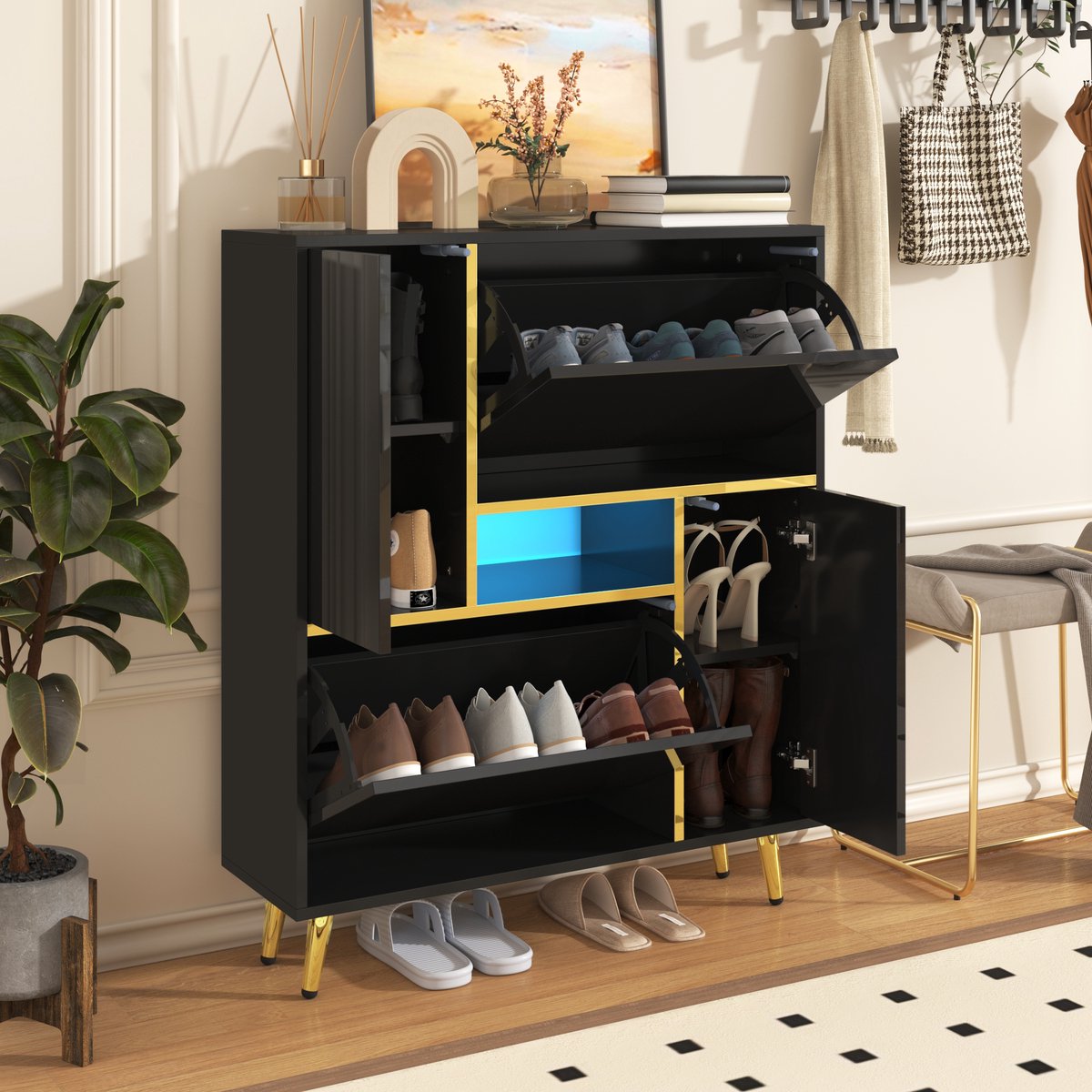 OKWISH Schoenenkast - Hoogglans Front - 80x25x96 cm - 2 Deuren - Verstelbare Planken - 16-Kleurige LED - Spanplaat Zwart - Met Gouden Accenten (4070861449016)