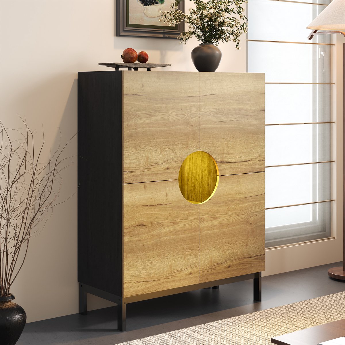 OKWISH Schoenenkast Met Vitrine - 90x40x120 cm - 3 Verstelbare Planken - Met 16-Kleur LED - MDF Lichtbruin - Opbergruimte Voor 8-15 Paar Schoenen (4070861551313)