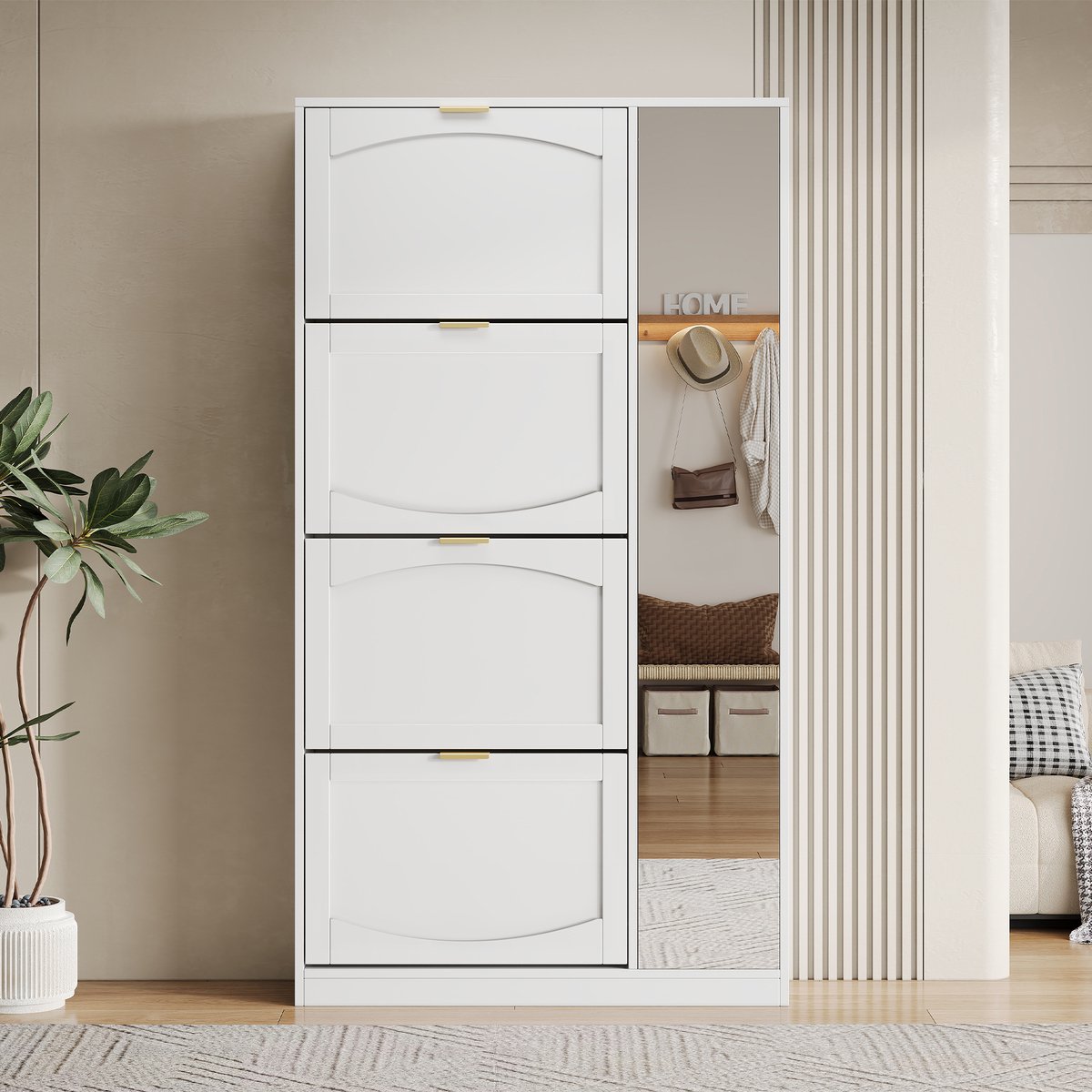 OKWISH Schoenenkast - Modern - 4 Klapvakken + 1 Spiegeldeur - Verstelbare Plank Achter de Rechterdeur - H147×B80×T24 cm - Spaanplaat Wit - Kantelbeveiliging (4070861569103)