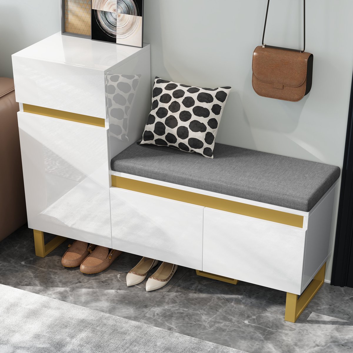 OKWISH Schoenenkast - Modern Entree Meubel - 120×35×85 cm - 2 Deuren - 1 Lade - Met Gepolsterde Zitbank En Open Vak - Hoogglans Wit+Goud - MDF (4070861604392)