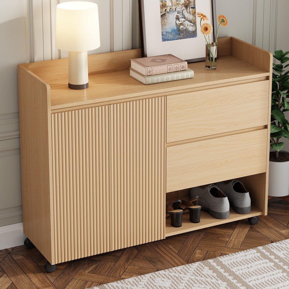 OKWISH Schoenenkast - Verstelbare Planken en Laden - Open Vakken - Afgeronde Bovenkant - 110x35x86 cm - MDF Naturel - Universele Wielen Met Rem (4070861551467)